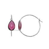 Hammered Earrings, Hoop Earrings, Pink Quartz Pear 10x14mm Gemstone 925 Sterling Silver Hoop Earring, Bezel Earrings